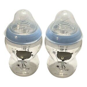 Tommee Tippee Baby Bottles 9oz Set of 2 w/ Extra Nipples Blue Used